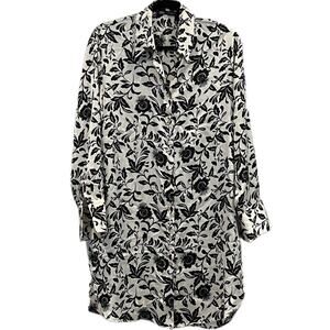 Zara White Black Floral Long Sleeve Button Front Shirt Dress Tunic Size Small